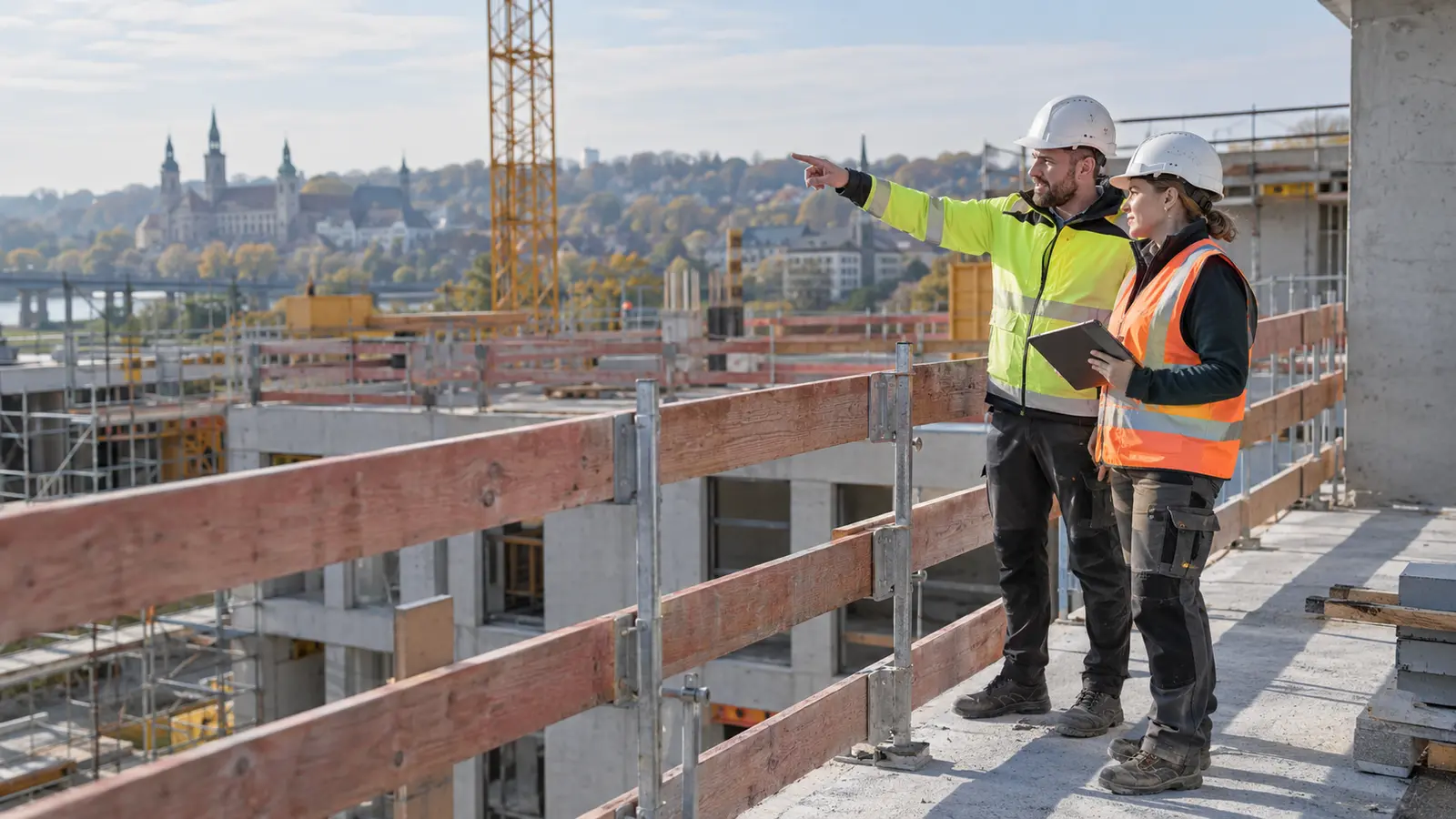 Zwei Fachkräfte kontrollieren den Seitenschutz an einer gesicherten Absturzkante auf einer Baustelle.