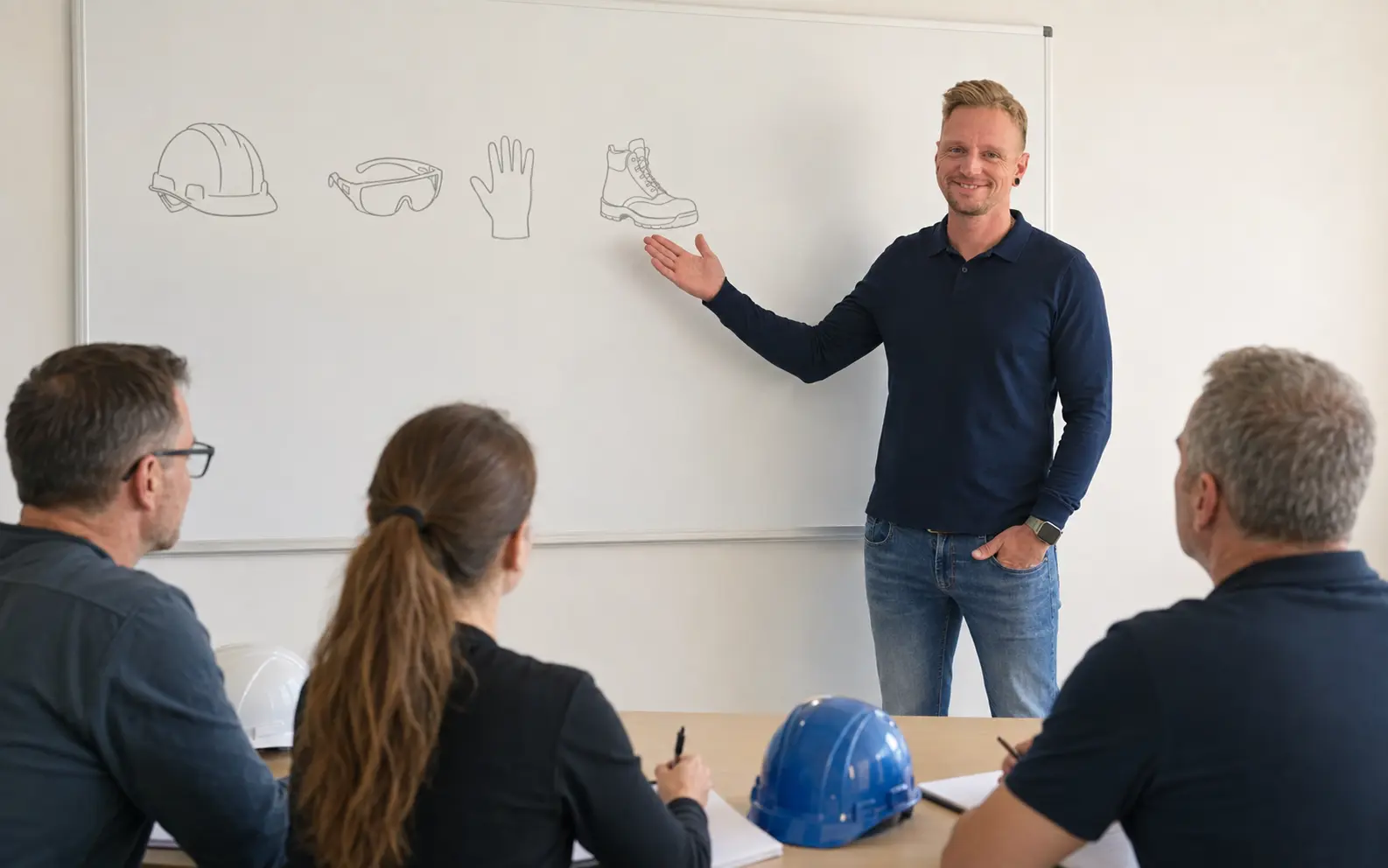 Janis Kuhn vermittelt Arbeitsschutzthemen vor einer Schulungsgruppe