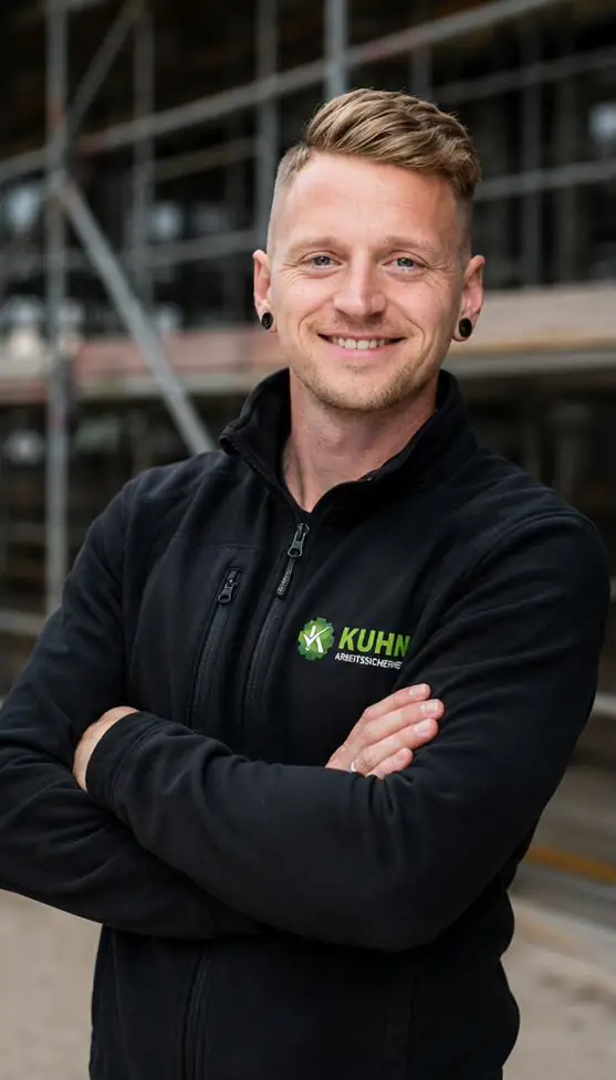 Janis Kuhn in KUHN-Arbeitsjacke vor einem Baugerüst