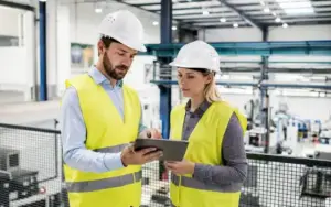 Fachkraft für Arbeitssicherheit bespricht Schutzmaßnahmen mit Beschäftigten in einer Produktionshalle.