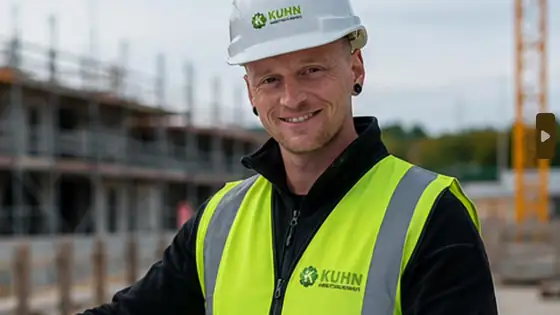 Janis Kuhn mit Bauplan auf einer Baustelle