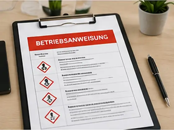 Betriebsanweisung mit Gefahrstoffsymbolen auf einem Klemmbrett