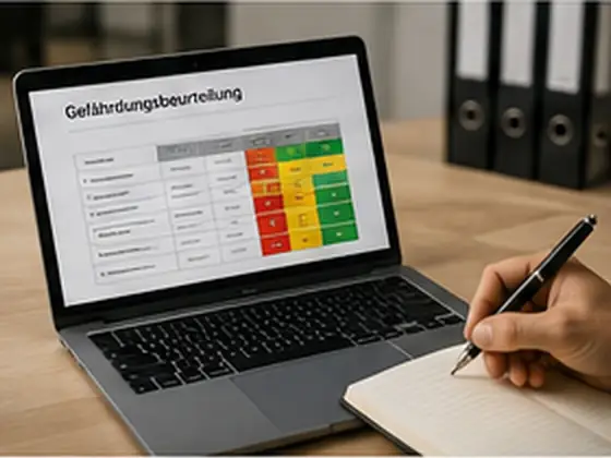 Laptop mit einer Gefährdungsbeurteilung und farbiger Risikomatrix auf einem Schreibtisch