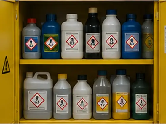 Gelber Gefahrstoffschrank mit gekennzeichneten Chemikalienbehältern