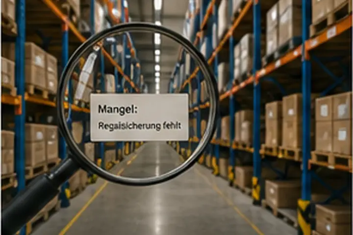 Lupe vor einem Lagerregal, im Fokus ein Hinweis auf eine fehlende Regalsicherung