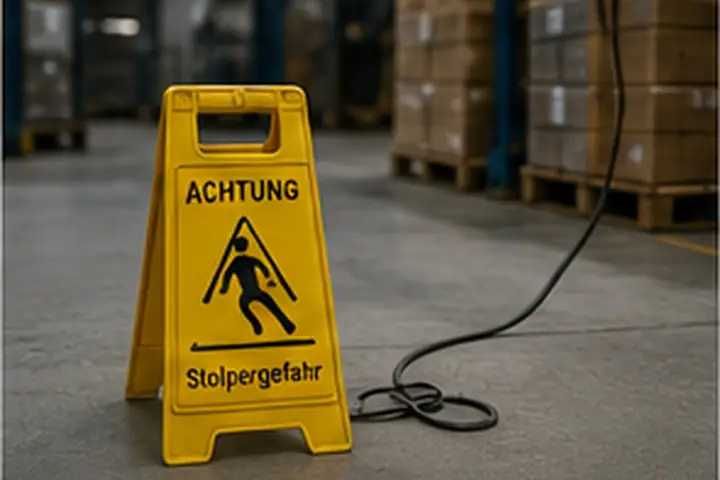 Warnaufsteller »Achtung Stolpergefahr« neben einem Kabel in einem Lagergang