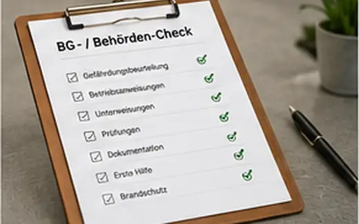 Checkliste »BG- / Behörden-Check« auf einem Klemmbrett