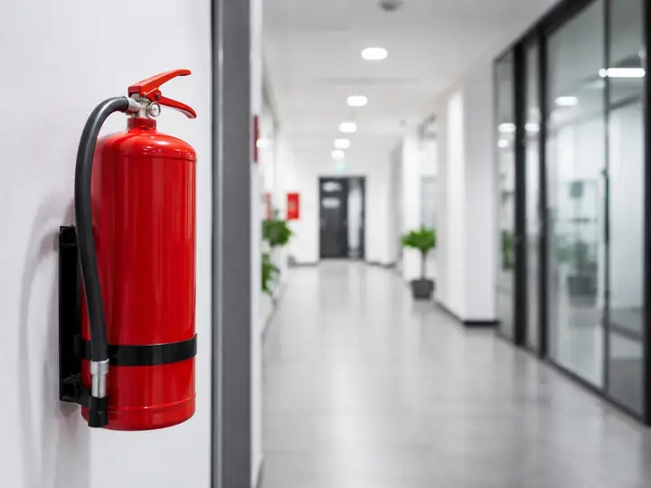Feuerlöscher an der Wand eines Büroflurs