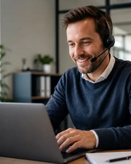 Berater mit Headset im Videogespräch am Laptop