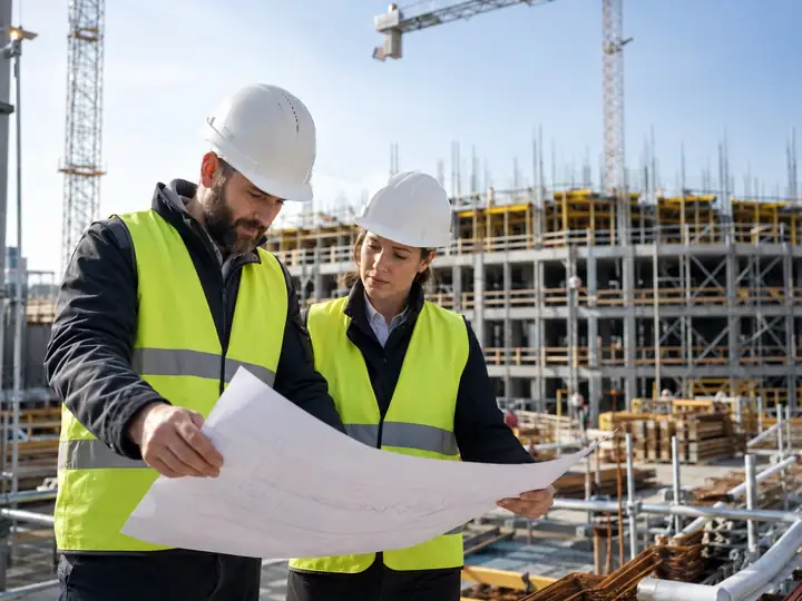 Zwei Personen mit Helmen und Warnwesten prüfen einen Bauplan auf einer Baustelle