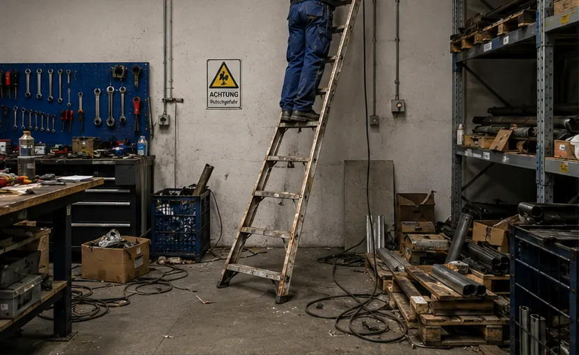 Werkstatt vor der Betreuung: beschädigte Leiter, unordentlicher Arbeitsbereich