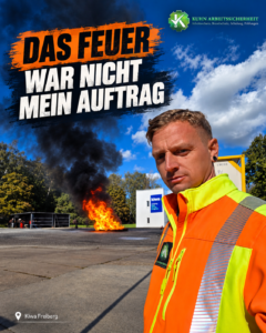 Janis Kuhn bei Kiwa in Freiberg vor einem Brandversuch &ndash; Regalpr&uuml;fung und Anschlagmittelpr&uuml;fung