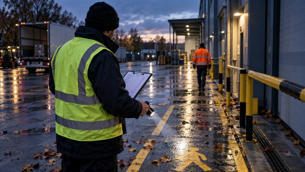 Sicherheitsfachkraft pr&uuml;ft bei N&auml;sse und D&auml;mmerung einen betrieblichen Verkehrsweg mit Checkliste und Taschenlampe