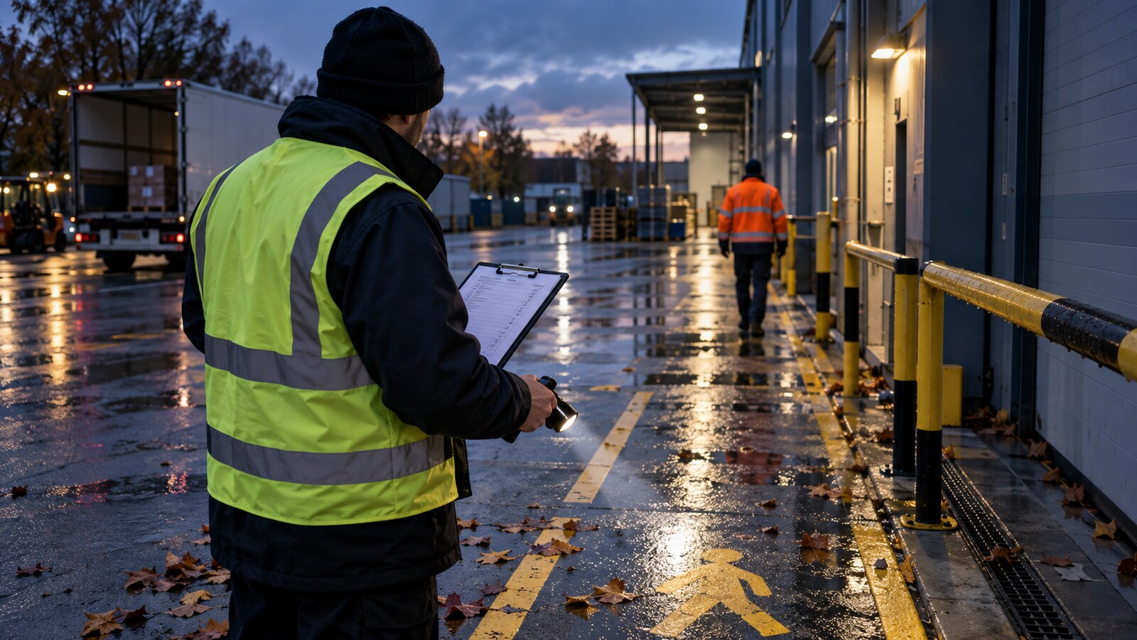 Sicherheitsfachkraft prüft bei Nässe und Dämmerung einen betrieblichen Verkehrsweg mit Checkliste und Taschenlampe