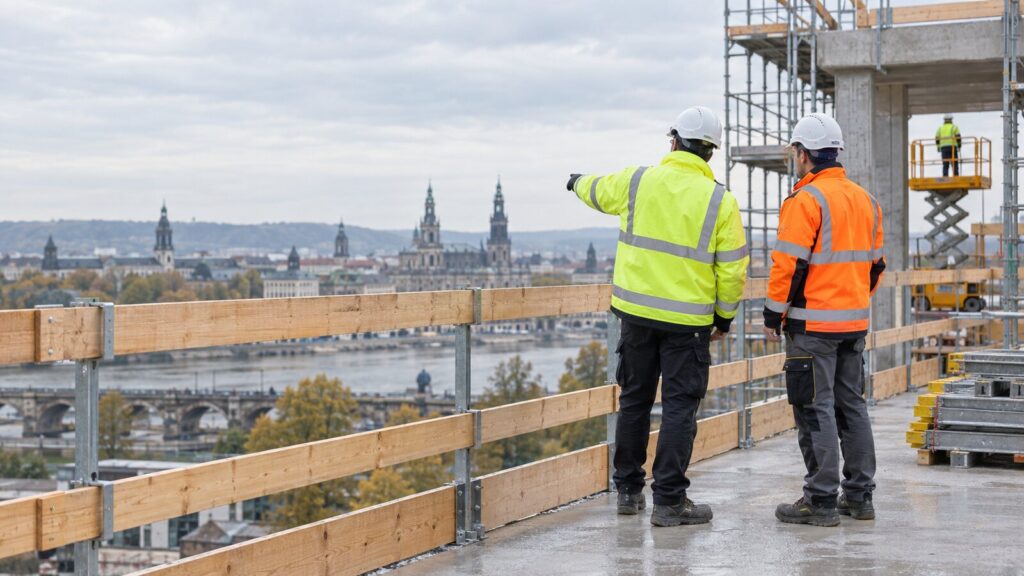 Bauleiter prüfen den Seitenschutz an einer gesicherten Absturzkante auf einer Baustelle.