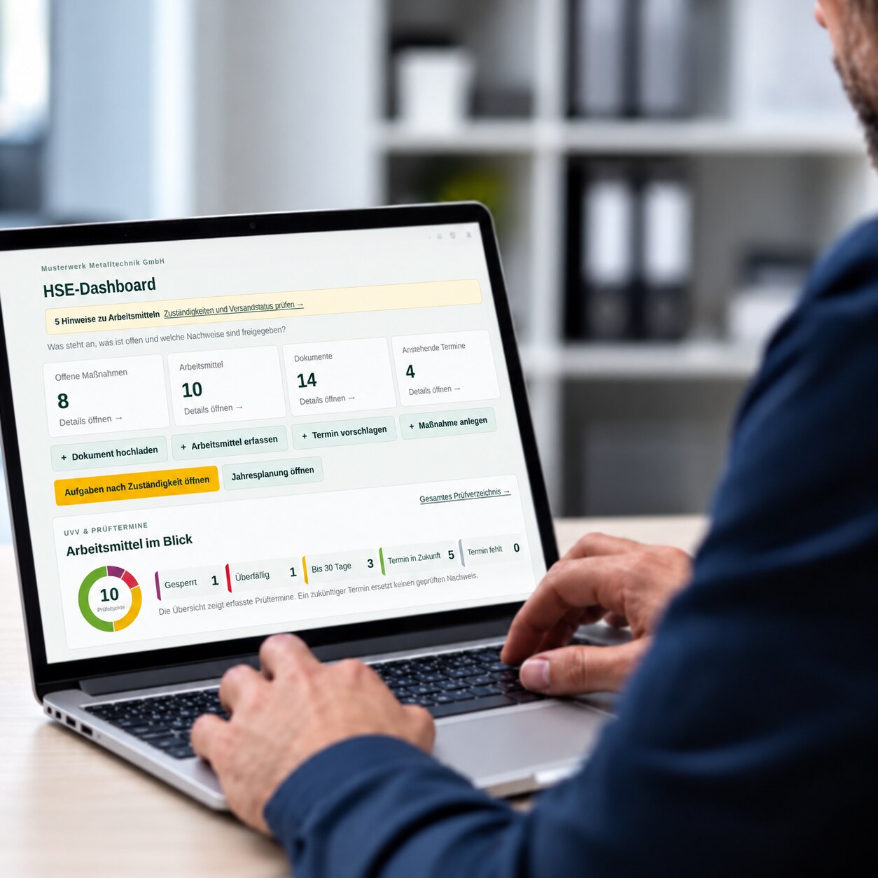 HSE-Dashboard von Kuhn Arbeitssicherheit mit offenen Maßnahmen, Dokumenten und Prüfterminen