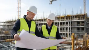Janis Kuhn stimmt Arbeiten mehrerer Beteiligter anhand eines Bauplans ab