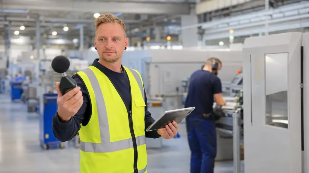 Lärmmessung in einer Produktionshalle mit Schallpegelmessgerät und Tablet