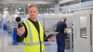 L&auml;rmmessung in einer Produktionshalle mit Schallpegelmessger&auml;t und Tablet
