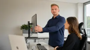 Janis Kuhn stellt einen Bildschirmarbeitsplatz ergonomisch ein