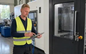 Janis Kuhn dokumentiert eine mechanische Arbeitsmittelprüfung an einer Maschine