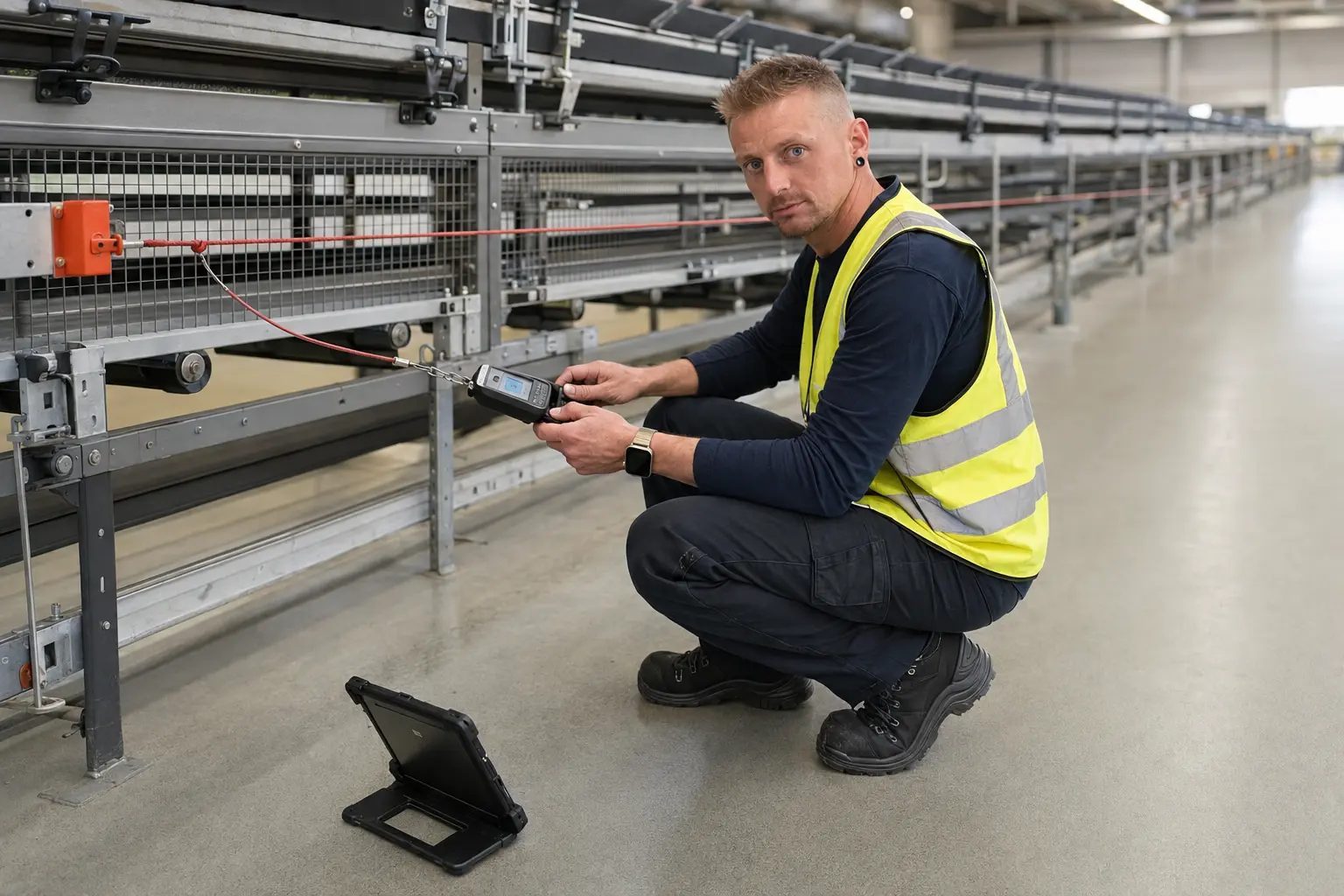 Janis Kuhn prüft das jeweilige Arbeitsmittel im Betrieb