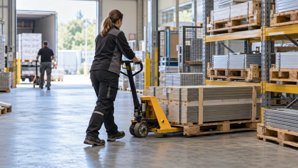 Beschäftigte bewegt Material im Lager mit einem Hubwagen statt es von Hand zu tragen