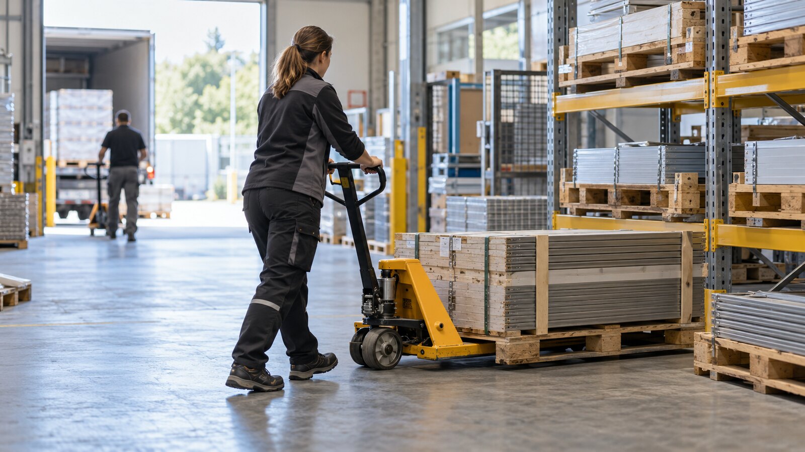 Besch&auml;ftigte bewegt Material im Lager mit einem Hubwagen statt es von Hand zu tragen