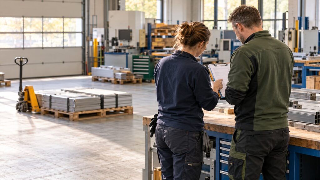Zwei Beschäftigte besprechen in einer Werkstatt Arbeitsaufträge und körperliche Tätigkeiten