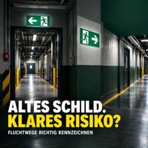 Zwei widersprüchliche Fluchtwegschilder in einem Industrieflur mit der Überschrift Altes Schild. Klares Risiko?