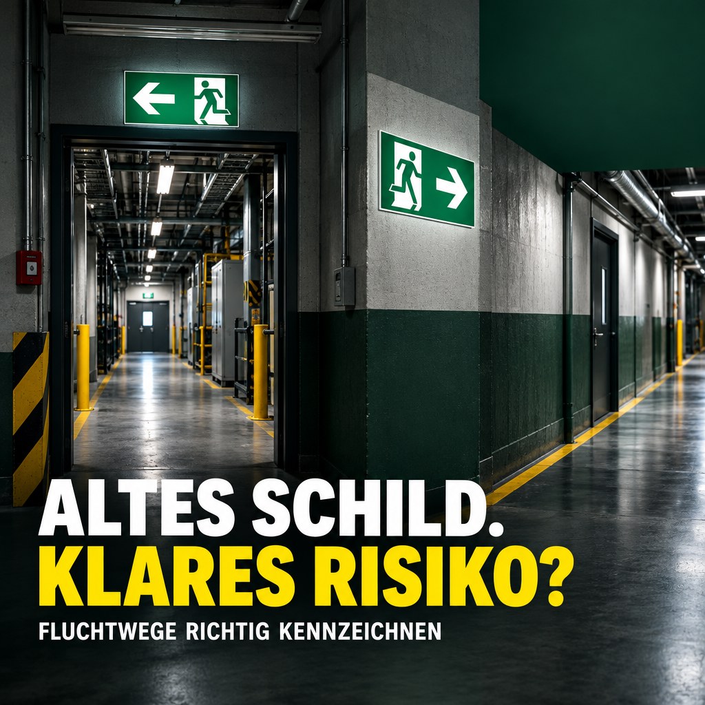 Zwei widerspr&uuml;chliche Fluchtwegschilder in einem Industrieflur mit der &Uuml;berschrift Altes Schild. Klares Risiko?