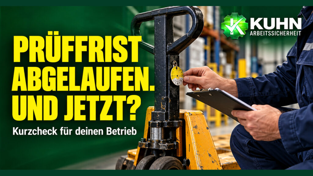 H&auml;nde einer Person mit Klemmbrett bei der Kontrolle eines Pr&uuml;fanh&auml;ngers an einem Handhubwagen. Text: Pr&uuml;ffrist abgelaufen. Und jetzt?