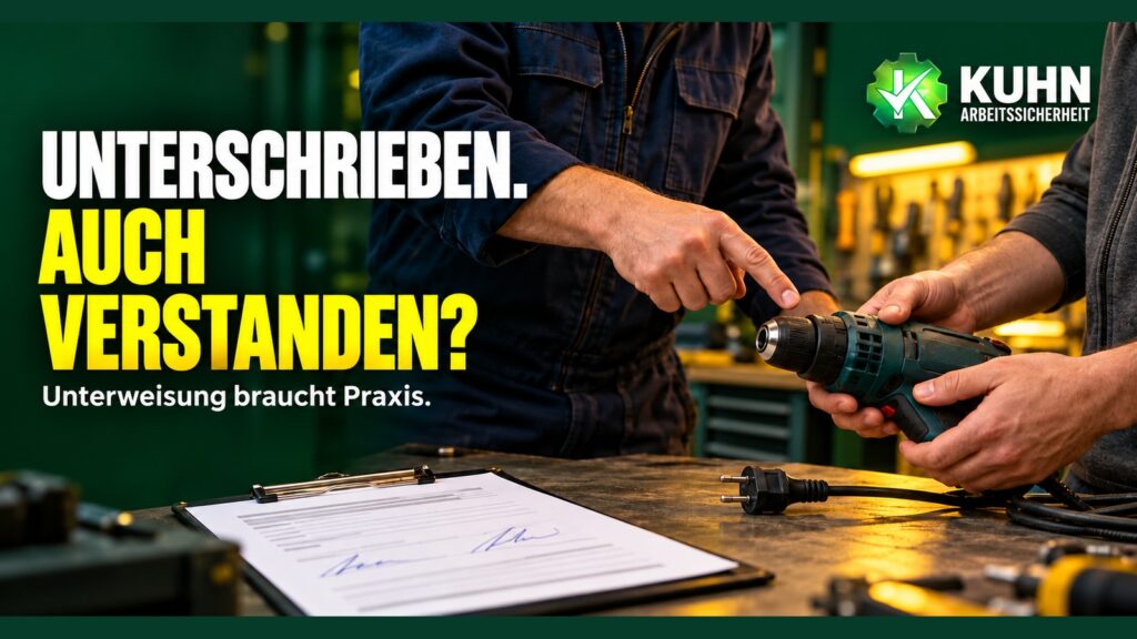 Praktische Unterweisung an einer vom Strom getrennten Bohrmaschine. Schriftzug: Unterschrieben. Auch verstanden?