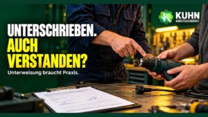 Praktische Unterweisung an einer vom Strom getrennten Bohrmaschine. Schriftzug: Unterschrieben. Auch verstanden?