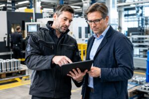 Externe Fachkraft für Arbeitssicherheit bespricht Betreuungsplan mit einem Betriebsleiter